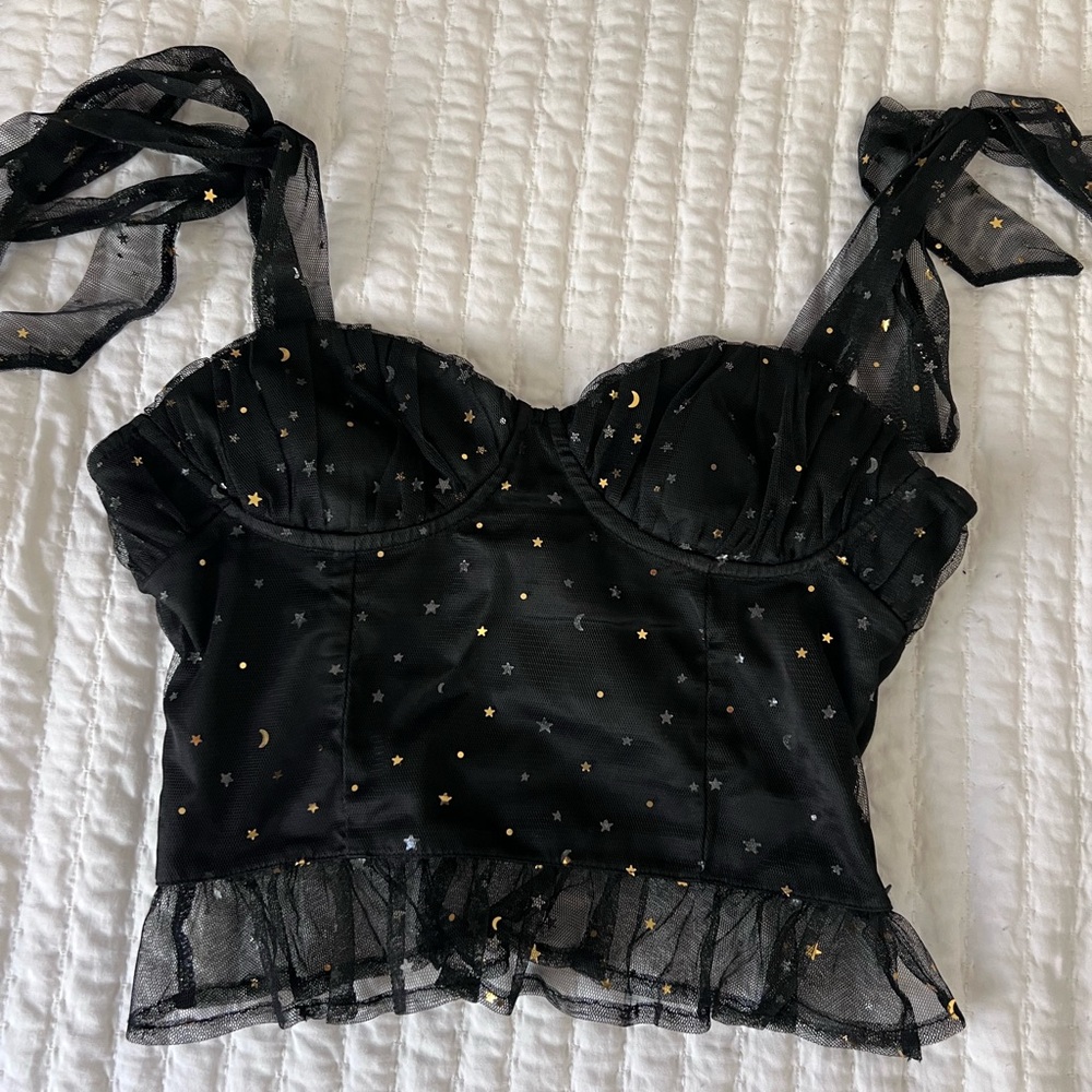 Privacy Please Black and Gold Celestial Crop Top